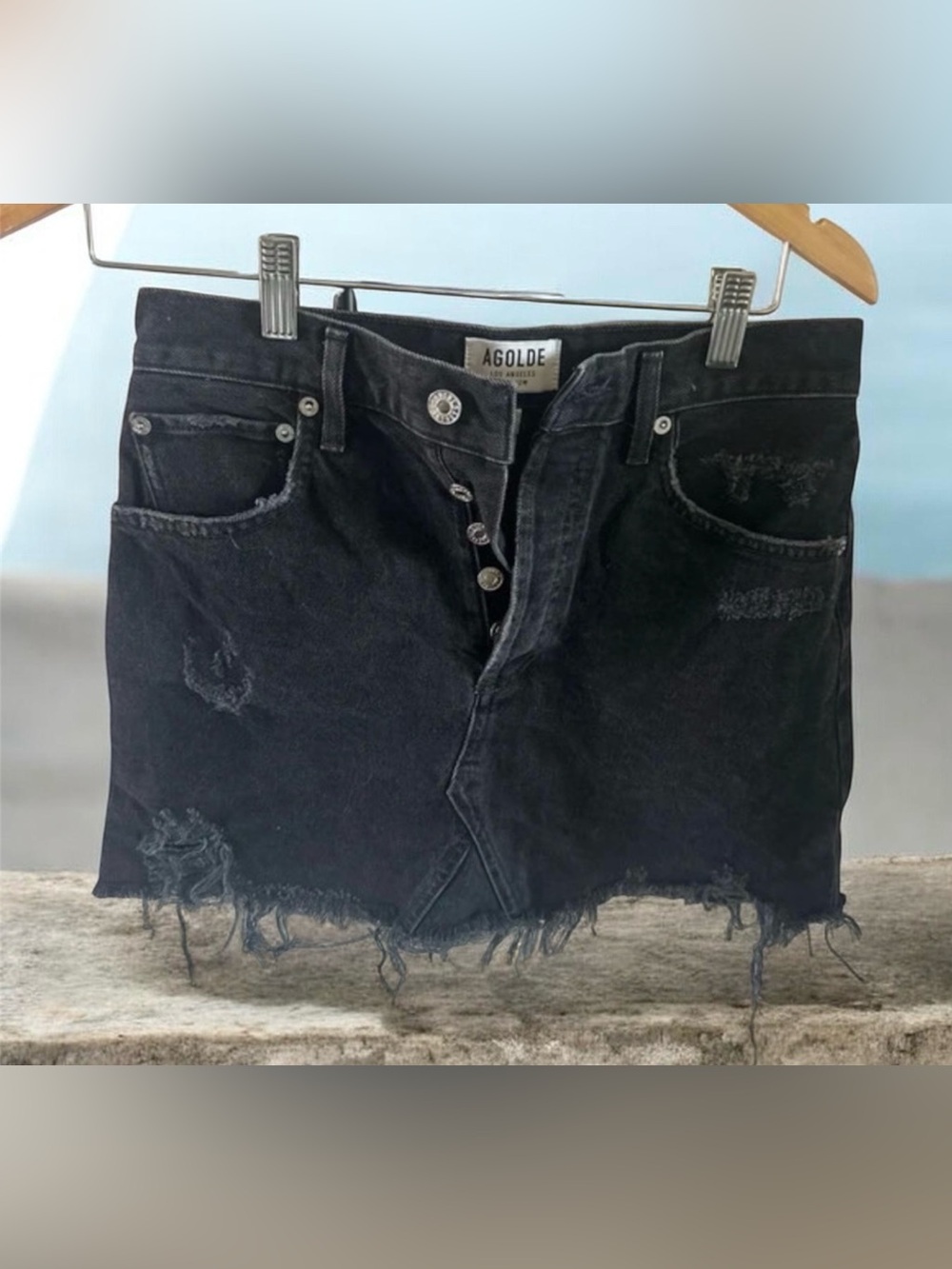Agolde Washed Black Distressed Denim Mini Skirt